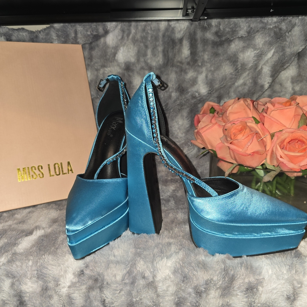 Miss Lola Teal Satin Platform Shoes